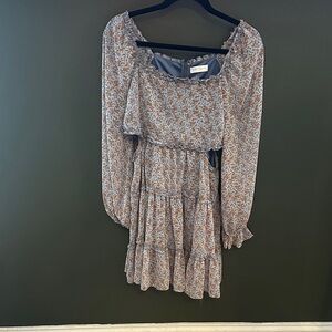 Vestique Floral Long Sleeve Dress - Brown and White